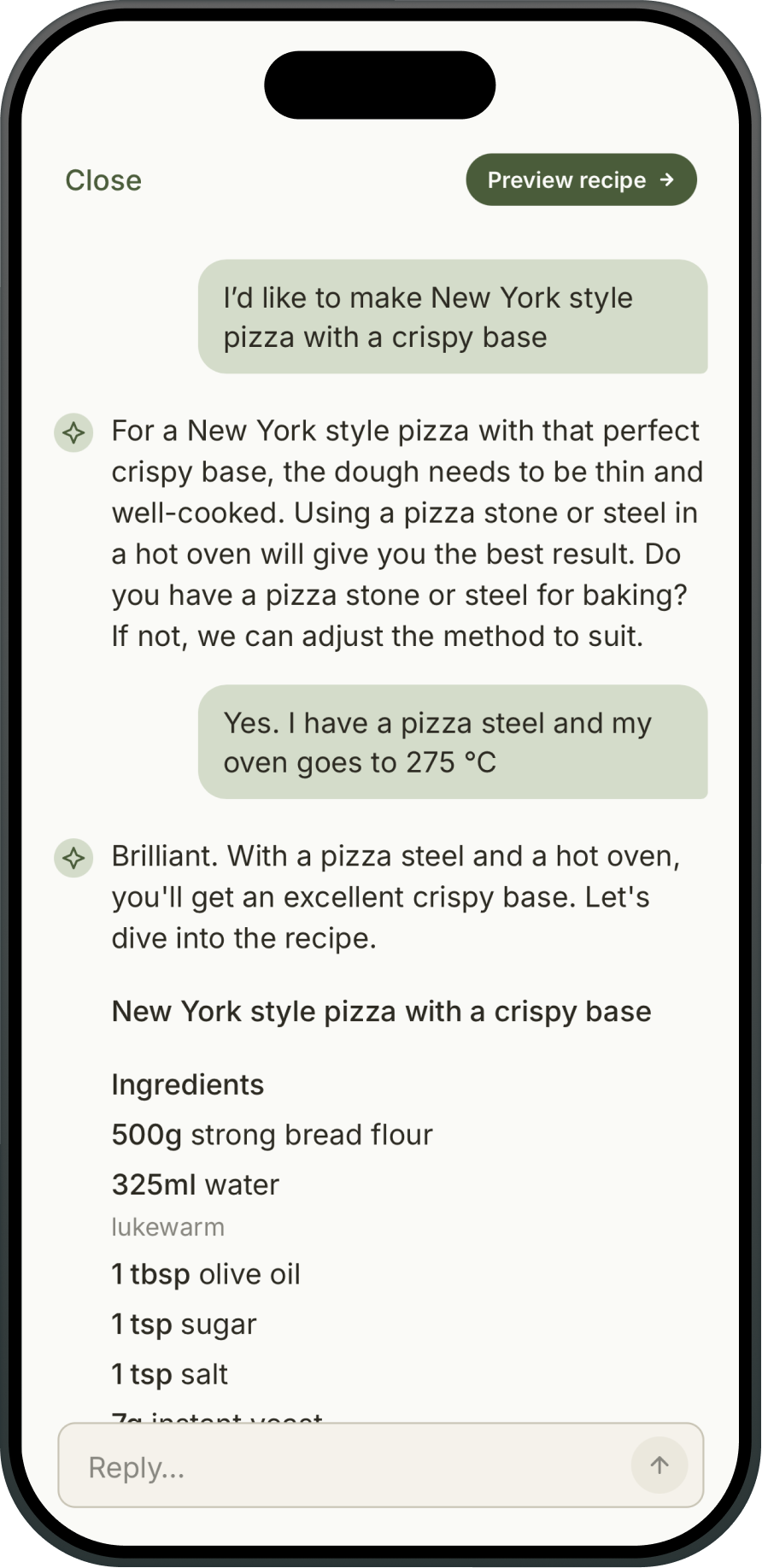 Creating a recipe with AI