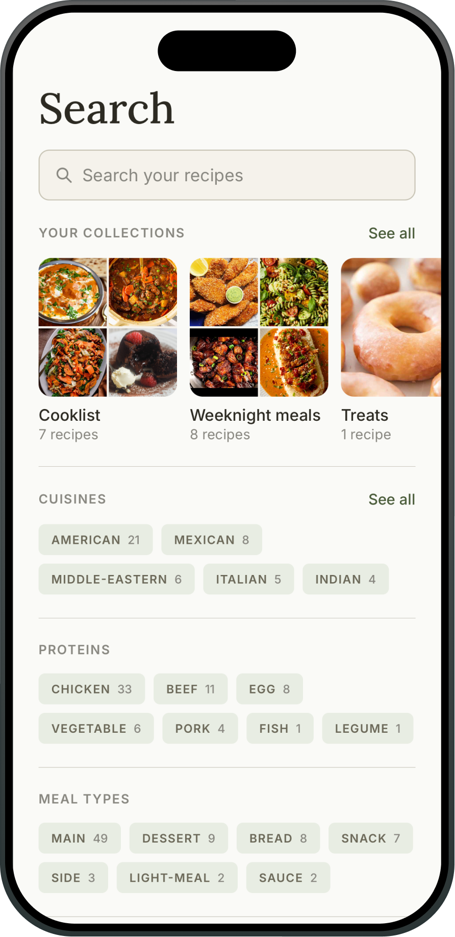 Searching, browsing and organising recipes in MealSmith